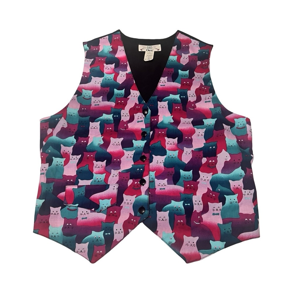 Orvis Vintage Cat Print Vest Womens Large Pink Teal Purple Button Front USA Made